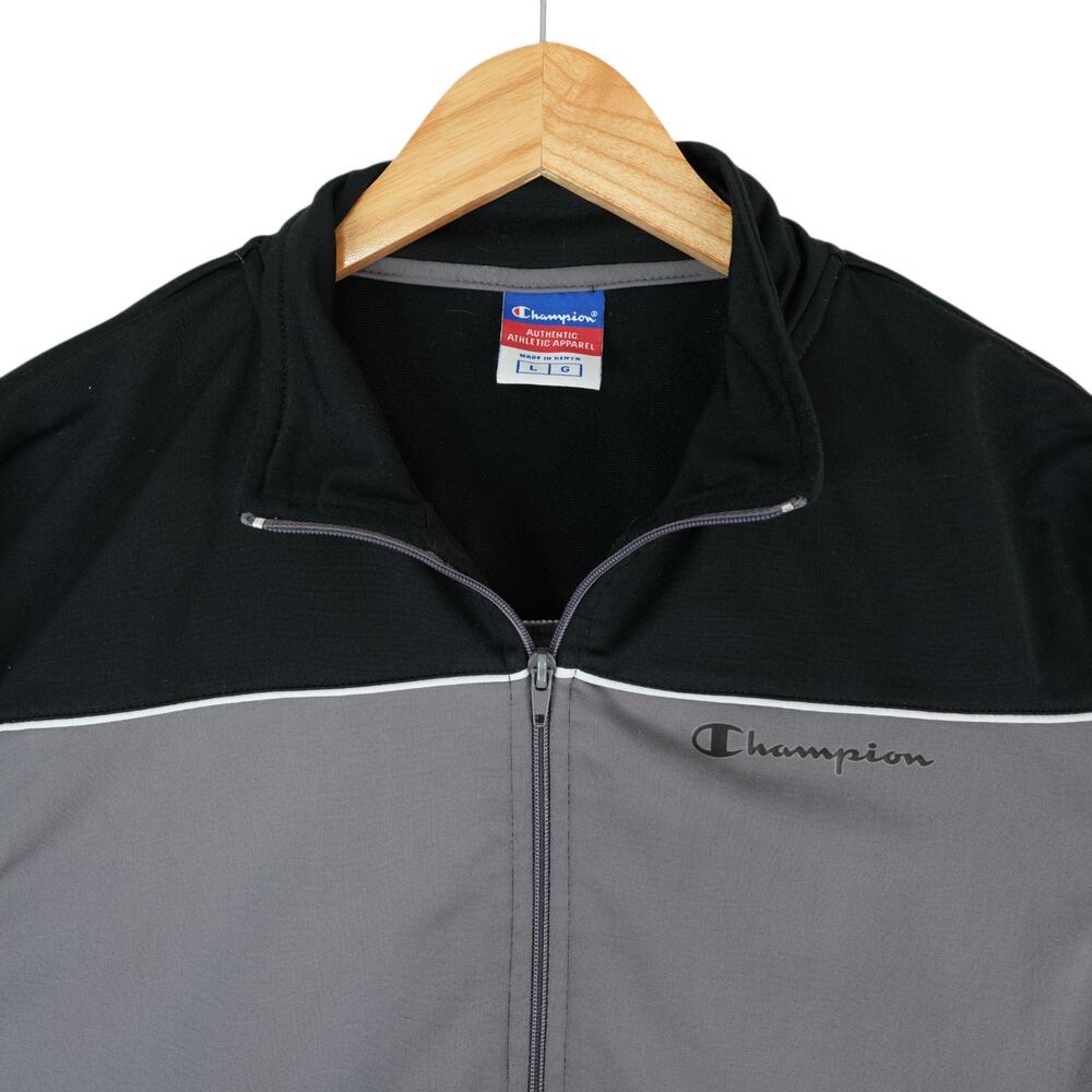 Vtg 90s Y2K Champion Track‎ Jacket Mens L Black Gray Colorblock Full Zip Fleece